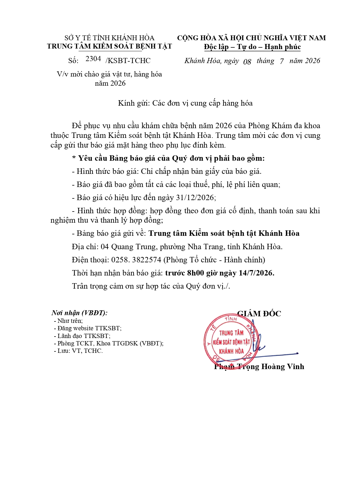 V/v mời chào giá vật tư, hàng hóa năm 2026